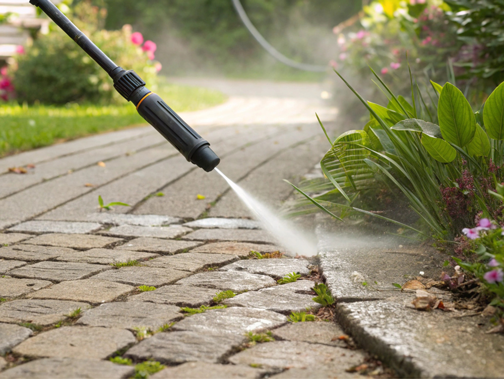 Team member using a power washer to clean a patio