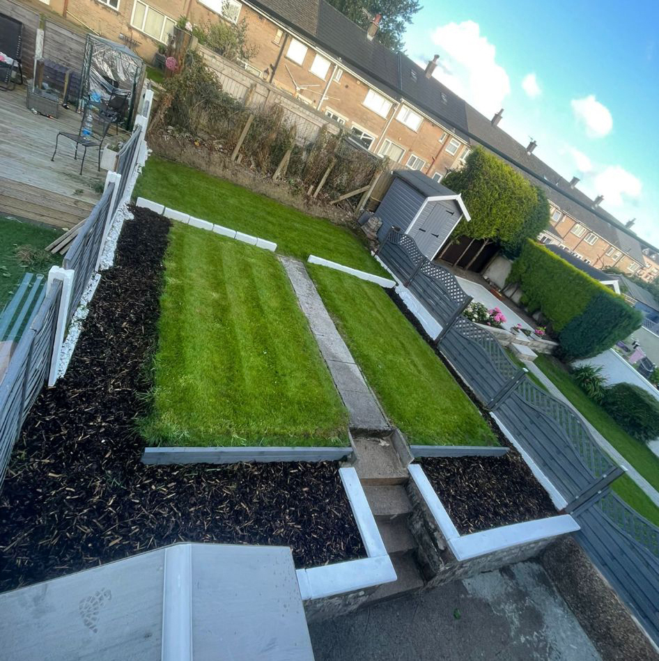 Soft landscaping with newly planted flower beds and borders